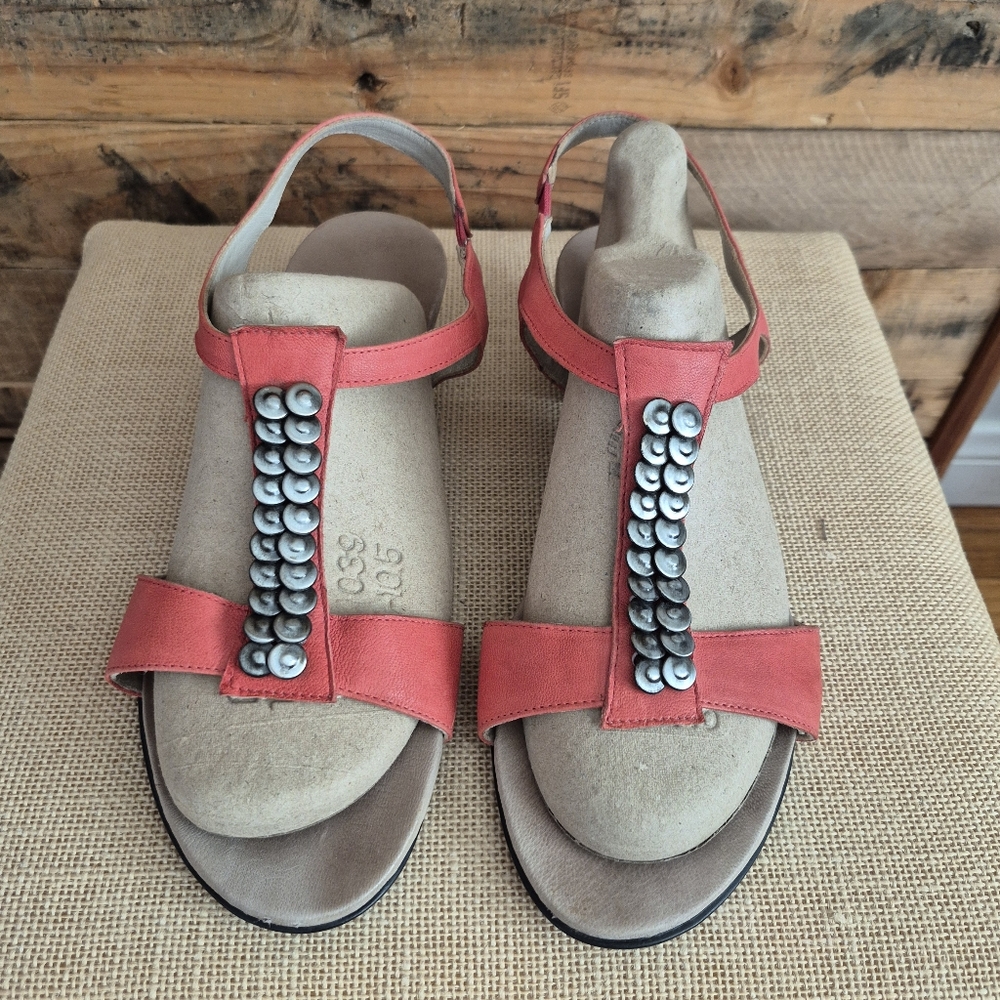 Munro Coral Red Sandals with Metallic Embellishments
